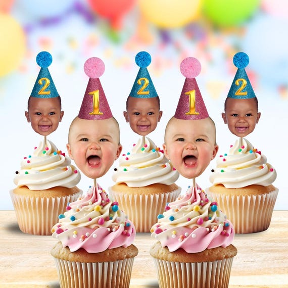 Face Cupcake Toppers - Photo - Cake - Birthday - First - 1st - 2nd - 3rd - 4th - 5th - Party - Decorations - Topper