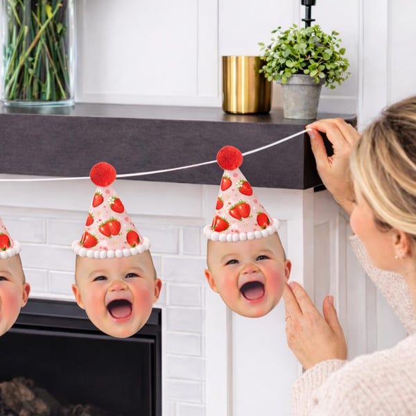 Personalized Strawberry Photo Face Banner – Berry Birthday Party Decor