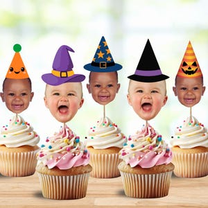 Personalized Photo Halloween Cupcake Toppers – Witch, Wizard, Pumpkin Hats