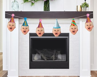 Personalized Photo Face Banner with Party Hats – Birthday Decoration Bunting