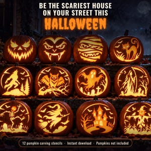 Peut inclure: Douze citrouilles orange sculptées avec des motifs d'Halloween incluant un vampire, une momie, un chat, un loup-garou, un hibou, un fantôme, la faucheuse, un squelette, une sorcière, un manoir et un épouvantail. Texte : BE THE SCARIEST HOUSE.