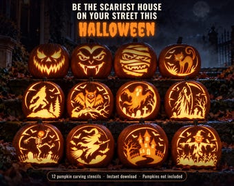 Scary Pumpkin Carving Stencils, 12 Printable Halloween Templates, Spooky Jack O Lantern Patterns, Werewolf Witch Reaper, Instant PDF