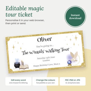 Könnte beinhalten: Ein rechteckiges Ticket für eine magische Tour mit goldenem Glitzerrand. Der Text lautet Oliver, You're going to... The Wizards' Walking Tour, Saturday 14th June, London, Happy Birthday! Love, Mum x. Grafiken zeigen einen Kessel, ein Buch, eine Eule und eine Kristallkugel.