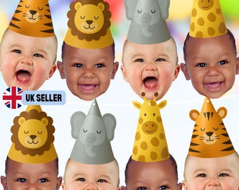 Personalized Safari Animal Photo Face Banner – Lion Tiger Elephant Giraffe Birthday Party Decor