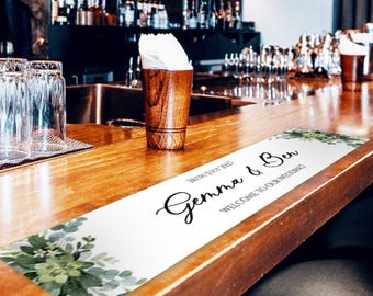 Personalised Wedding Bar Mat –Slim Custom Bar Runner for Wedding Reception - Cocktail Hour - Drinks - Botanic - Outline - Floral - Bride