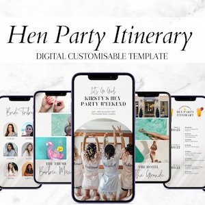 Puede incluir: Una plantilla digital para un itinerario de despedida de soltera. La plantilla incluye una página de portada con el texto "Let's Go Girls Kirsty's Hen Party Weekend" y una foto de tres mujeres con batas. La plantilla también incluye páginas para la tribu de la novia, el tema, el hotel, el itinerario y la inspiración para el equipaje.