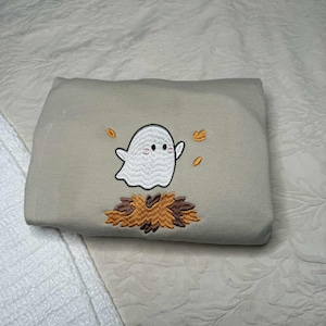 Embroidered Halloween Sweatshirt – Ghost Jumping in Leaves, Cute, Halloween, Fall, Comfy Christmas Sweatshirt