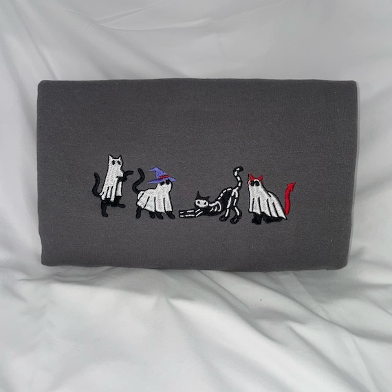 Embroidered Ghost Cat Sweatshirt: Halloween Costume Crewneck or Hoodie Christmas Sweatshirt