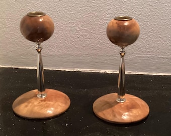 Beautiful Vintage Wooden Myrtle Wood Candle Holders measure 7 inches tall. In excellent condition