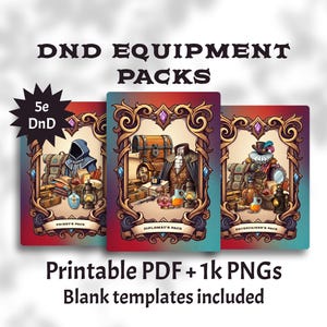 May include: Three fantasy-themed card designs labelled Priest's Pack, Diplomat's Pack, and Entertainer's Pack. Each card features ornate gold frames, jewel accents, and illustrations of equipment. The text "DND EQUIPMENT PACKS" and "5e DnD" are also visible.