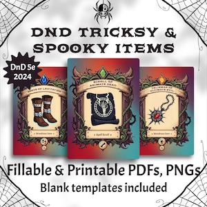Può includere: Tre carte a tema fantasy con il testo "DND TRICKSY & SPOOKY ITEMS" e "DnD 5e 2024". Le carte presentano illustrazioni di oggetti magici: Stivali della Levitazione, una Pergamena di Animare i Morti e un Talismano del Male Supremo. Le carte sono circondate da cornici decorative.