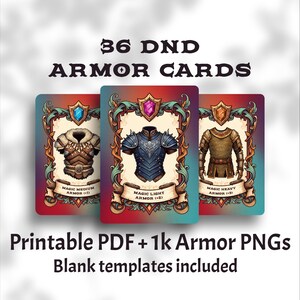 36 Cartas de Armadura de D&D | Folhetos de Itens Mágicos de D&D | PDF para Imprimir e Preencher | Mecânicas da 5ª Edição | Modelos e Adesivos PNG Digitais