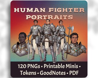 Human Fighter Portraits – 120 PNGs, Tokens & Printable Minis for DnD/TTRPG, GoodNotes
