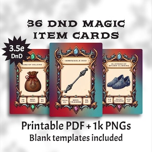 DnD 3.5e Magic Item Cards – 36 Printable PDFs & PNG Stickers, Campaign Props for TTRPGs