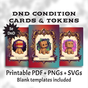 Puede incluir: Tres cartas y fichas de condición D&D con el texto "DND CONDITION CARDS & TOKENS" y "5e DnD". Las cartas presentan figuras de madera con diferentes condiciones: Cegado, Envenenado y Hechizado. Las cartas están enmarcadas con bordes dorados ornamentados.
