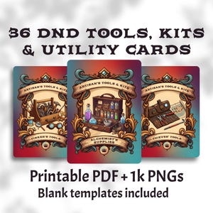 Puede incluir: Tres cartas de temática fantástica con el texto "36 DND TOOLS, KITS & UTILITY CARDS". Cada carta presenta un kit de artesano diferente: Herramientas de Tinker, Suministros de Alquimista y Herramientas de Ladrones. Las cartas están sobre un fondo rojo y naranja degradado.