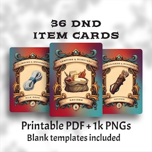 Afdrukbare DnD-itemkaarten – 36 Adventure Gear Cards voor 5e – Fantasy RPG-apparatuurreferentie, png-stickers, pdf- en GoodNotes-bestanden