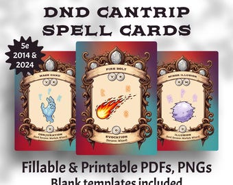 DnD Cantrip Spell Cards | 5e 2014 & 2024 | Printable, Fillable, and Digital
