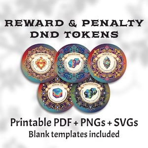 Op de afbeelding: Vijf kleurrijke D&D-tokens met de tekst "Reward & Penalty DND Tokens". Elke token heeft een uniek ontwerp en tekst, waaronder "Inspiration", "Advantage", "Bonus +1", "Bonus + D6" en "Disadvantage". De afbeelding bevat ook de tekst "Printable PDF + PNGs + SVGs Blank templates included".
