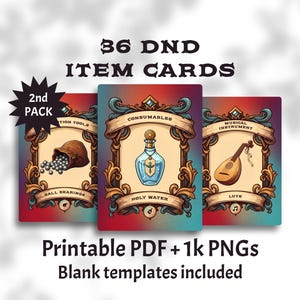 Puede incluir: Tres cartas de objetos DND con bordes ornamentados. Las cartas presentan ilustraciones de rodamientos de bolas, agua bendita y un laúd. El texto en las cartas incluye "36 DND ITEM CARDS", "2nd PACK" y "Printable PDF + 1k PNGs".