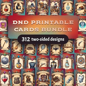 Könnte beinhalten: Eine Sammlung von DND-Druckkarten mit 312 zweiseitigen Designs. Jede Karte zeigt eine einzigartige Illustration in einem verzierten Rahmen. Die Karten zeigen verschiedene Gegenstände, darunter eine Axt, einen Rucksack und eine Pistole.