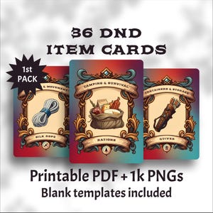 Carte oggetto D&D stampabili – 36 carte equipaggiamento da avventura per la quinta edizione – Riferimento equipaggiamento per giochi di ruolo fantasy, adesivi PNG, file PDF e GoodNotes