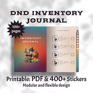 Könnte beinhalten: Ein DND-Inventarjournal mit über 100 Seiten. Das Cover zeigt einen Ritter mit einer Schatztruhe. Das Journal enthält ein druckbares PDF und über 400 Aufkleber. Das Journal ist mit einem modularen und flexiblen Design gestaltet.