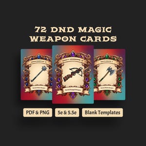 Könnte beinhalten: Drei Fantasy-Waffenkarten mit verzierten Rändern. Die Karten zeigen einen Morgenstern, eine schwere Armbrust und eine Streitaxt. Der Text auf den Karten lautet "72 DND MAGIC WEAPON CARDS", "PDF & PNG", "5e & 5.5e" und "Blank Templates". Die Karten haben ein rotes, blaues und violettes Farbschema.