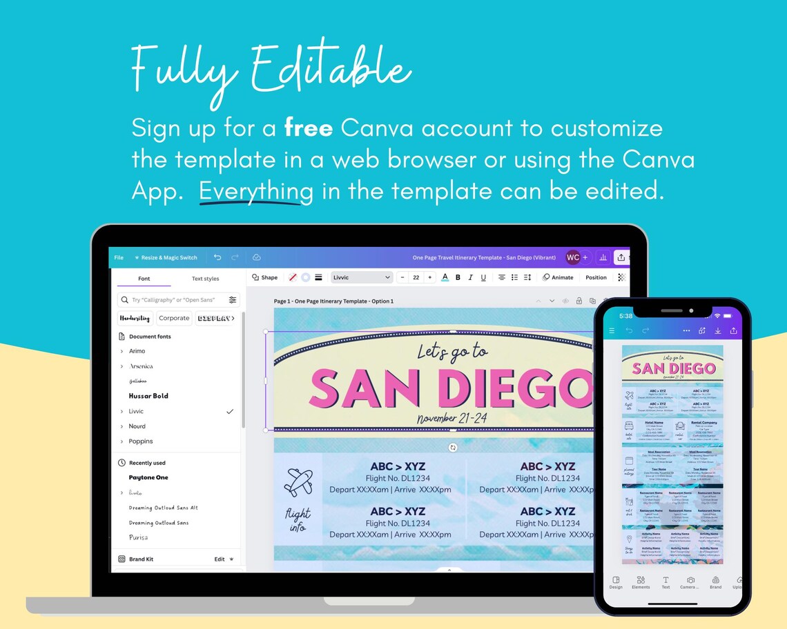 Travel Itinerary Template San Diego Trip Edit in Canva Travel Planner