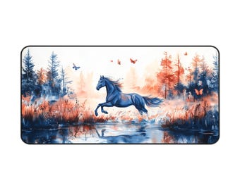 May include: A blue horse runs through a watercolor landscape with a lake and trees. Butterflies fly in the air. The scene is painted in shades of blue, pink, and green.