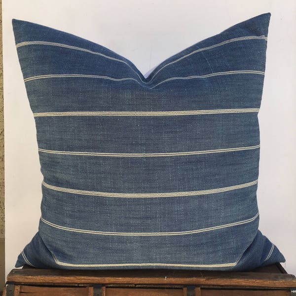 Indigo & white linen blend textured woven pillow cover 20" / farmhouse / modern