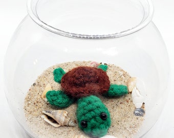 Amigurumi Turtle in 4" Bowl, Seashell Decor