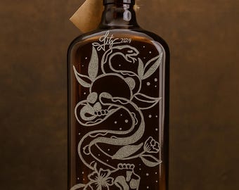 Hand etched glass bottle, amber bottle, American Traditional tattoo design, snake and skulls