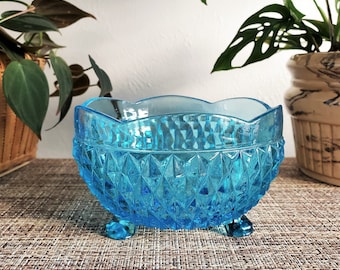 Vintage Indiana Glass Blue Diamond Footed Bowl, Candy Dish