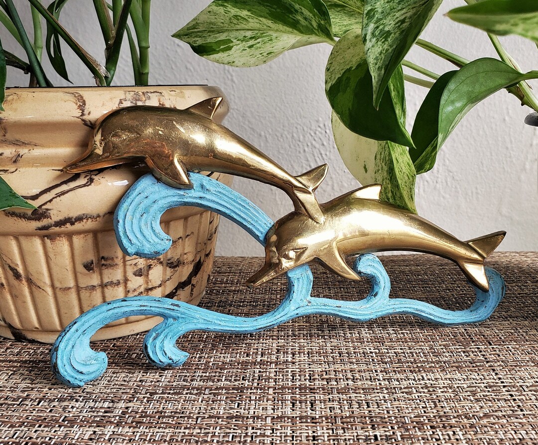 Vintage Brass Dolphin Wall Hanging, Pair of Dolphins Riding Blue Waves