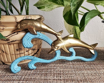 Vintage Brass Dolphin Wall Hanging, Pair of Dolphins Riding Blue Waves