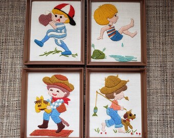 Vintage Set of Four Little Boy Playing Crewels, Boy Room Nursery Decor Embroidery