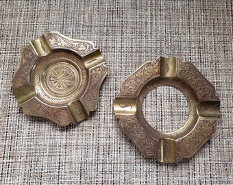 Vintage Etched Brass Ash Tray Set, 2 Pieces