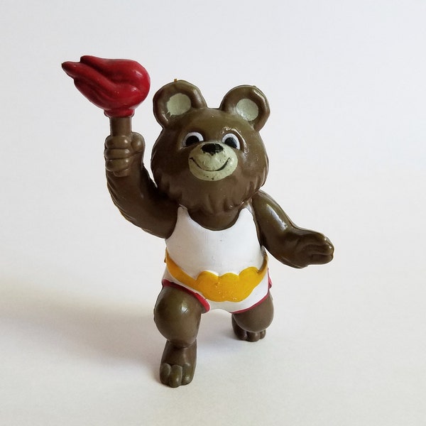 Vintage 1979 Misha Bear Olympic Figurine, Torch Bearer, 1980 Moscow Summer Olympics, PVC Figurine