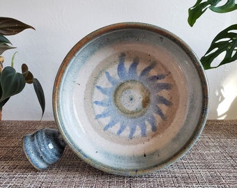 Glazed Sun Burst Blue Pottery Bowl With Handle
