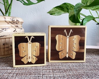 Vintage Pair of Wood and Bamboo Butterfly Nesting Trinket Boxes, Made in Philippines