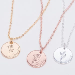 Birth Flower Pendant Necklace Sterling Silver, Minimalist Coin Necklace, Dainty Everyday Jewelry, Personalized Gift for Her