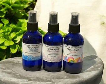 All Natural Room Sprays – Linen & Room Sprays – Pure Lavender, Uplift, Deep Sleep – 4 oz Cobalt Blue Bottles – Natural and Calming Aromas