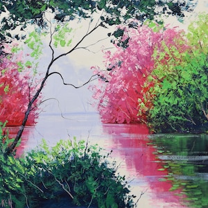May include: A painting of a lake scene with trees on either side. The trees on the left are a mix of green and pink, while the trees on the right are mostly green. The lake is a light blue color and reflects the colors of the trees.