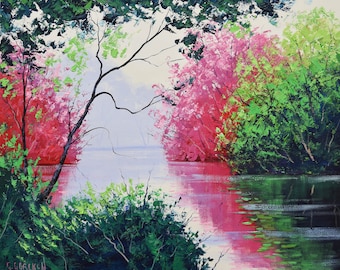 Pink art, pink painting, pink trees, autumn trees, blossom trees, river, pink,  green,