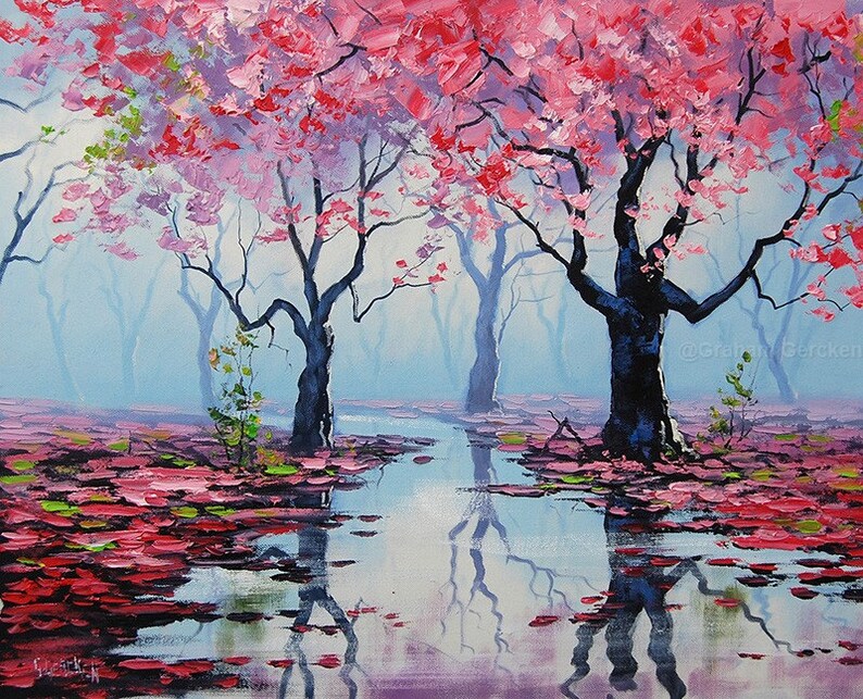 PINK WALL ART Decor Tree Paintings Pink Landscape Trees River Etsy