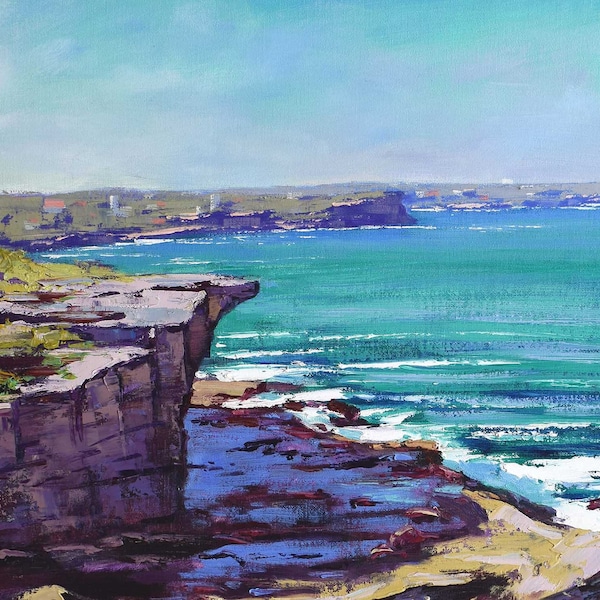 Beach print , painting prints, coastal prints, sydney , rocky shore,  turquoise ocean downloadable prints from my Original Oil Painting