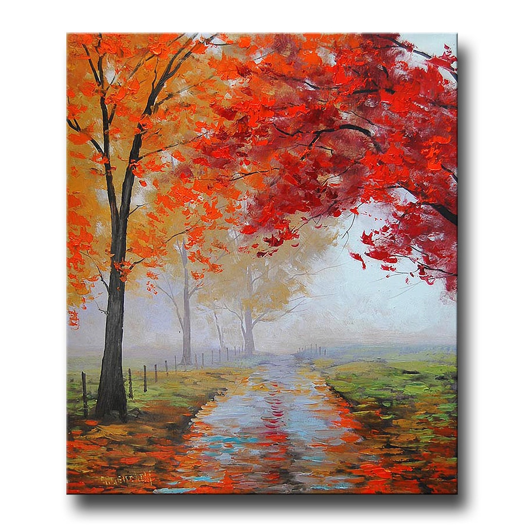 REALISTIC OIL PAINTING Fall Trees Impressionism Misty Road pic