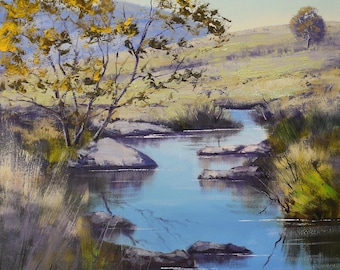 landscape painting, river painting,  realistic painting, river, Australian art, oil painting, gercken, tree painting,  trout river