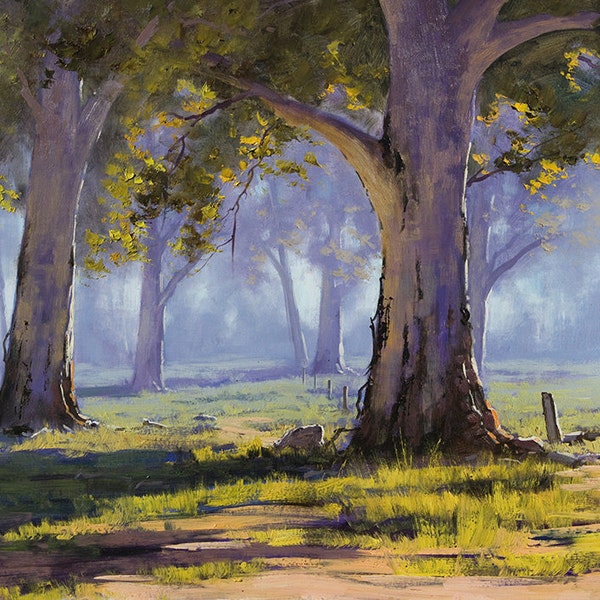Arte australiana GUM TREES PAINTING Paisagem de ovelhas de G.Gercken